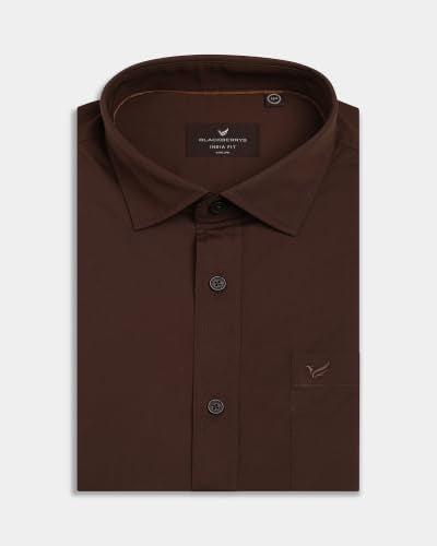 Blackberrys Men Solid Slim Fit Casual Shirt | Cotton Blend | Stretchable | Semi Cut Away Collar | Brown