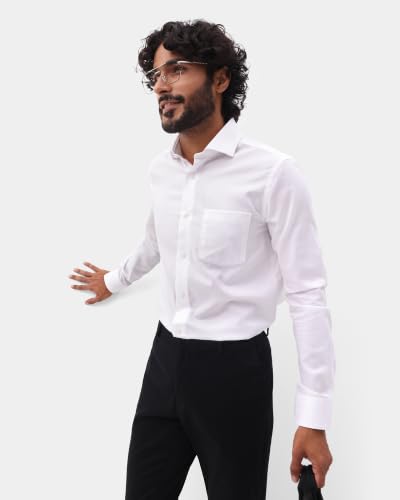 Blackberrys Men Solid Textured Slim Comfort Formal Shirt | 100% Cotton | Breathable | Chest Pocket White