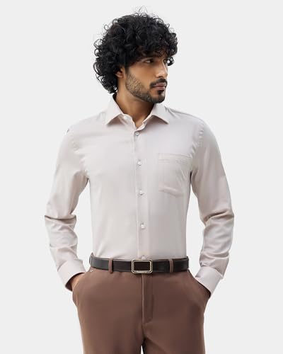Blackberrys Men's Cotton Textured Beige Slim-Fit Shirts |Formal Wear