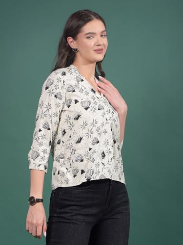 Crimsoune Club Women's White Floral Print V-Neck Top