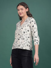 Crimsoune Club Women's White Floral Print V-Neck Top