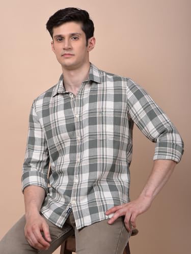 Crimsoune Club Men's Green Checked 100% Cotton Shirt