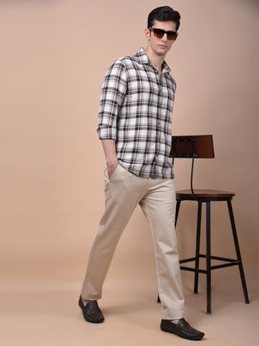 Crimsoune Club Men's Brown Checked 100% Cotton Shirt