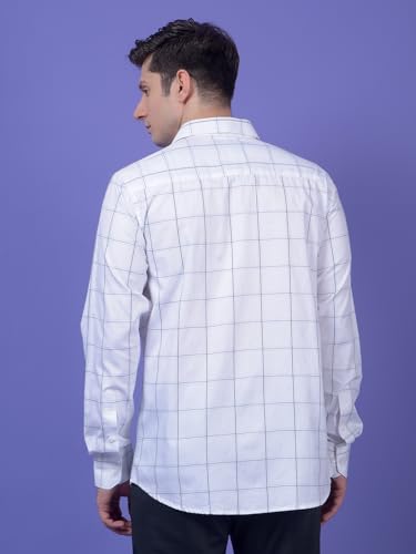 Crimsoune Club men's white windowpane check cotton casual shirt with long sleeves and button-down collar.