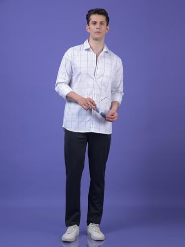 Crimsoune Club men's white cotton casual shirt with windowpane check pattern, short sleeves, and button-front design.