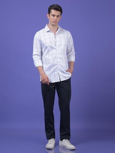 Crimsoune Club men's white windowpane check cotton casual shirt with a classic collar and button-up front.