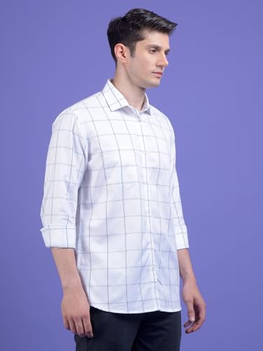 Crimsoune Club men's white windowpane check cotton casual shirt, front view with collar and button details.