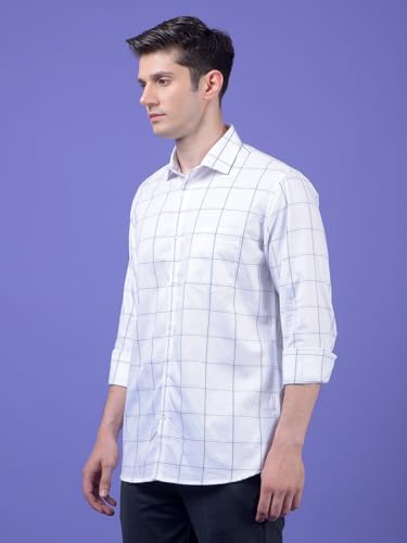 Crimsoune Club men's white windowpane check cotton casual shirt with long sleeves and button-down front.