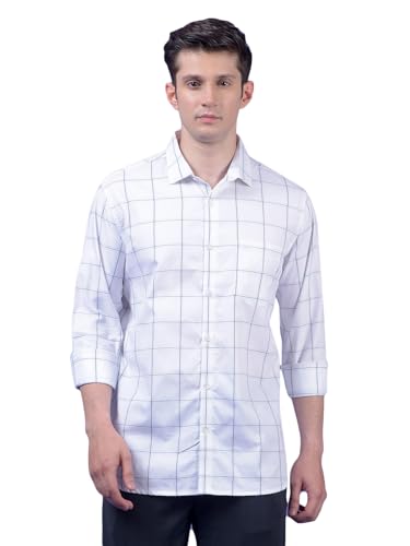Crimsoune Club men's white windowpane check cotton casual shirt with collar and button front, hanging on a hanger.