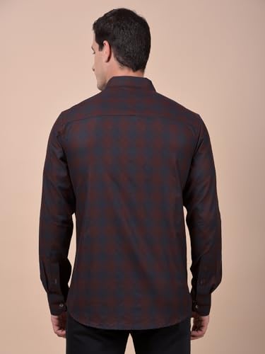 Crimsoune Club men's brown checked cotton casual shirt with long sleeves, button-up front, and classic collar.