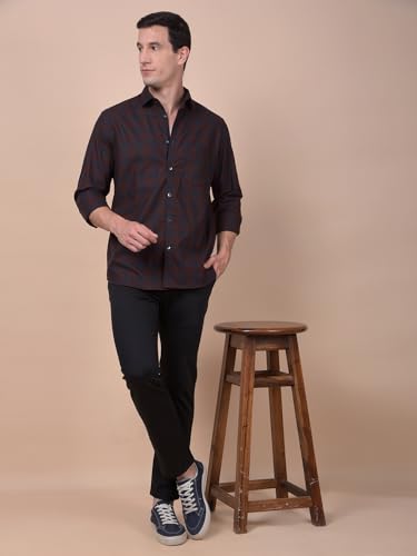 Crimsoune Club men's brown checked 100% cotton casual shirt with collar and long sleeves, displayed on a hanger