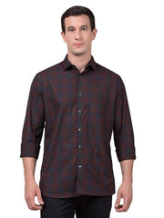 Crimsoune Club men's brown checked 100% cotton casual shirt displayed on a hanger, showcasing its classic plaid pattern and fabric texture.