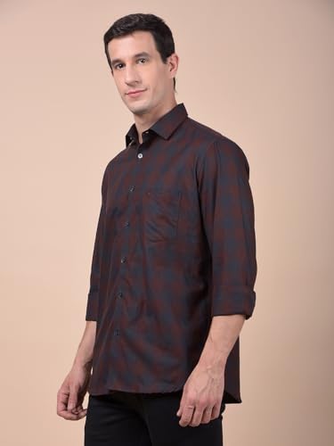 Crimsoune Club men's brown checked 100% cotton casual shirt with collar and button front, suitable for everyday wear.