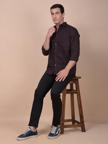 Crimsoune Club men's brown checked 100% cotton casual shirt, front view showing collar and button details.