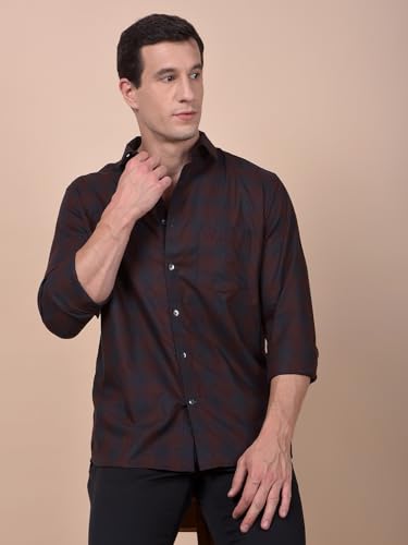 Crimsoune Club men's brown checked 100% cotton casual shirt, front view showing collar and button details.
