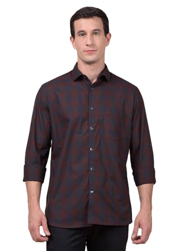 Crimsoune Club men's brown checked casual cotton shirt, displayed on a hanger, featuring a classic button-up design.