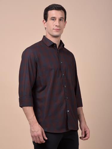 Crimsoune Club men's brown checked 100% cotton casual shirt with long sleeves and button-down front, ideal for everyday wear.