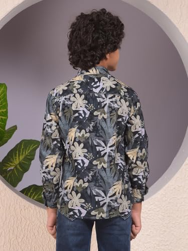 Crimsoune Club Boy's Beige Floral Print 100% Cotton Corduory Shirt (5-6Y)