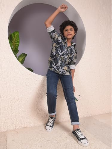 Crimsoune Club Boy's Beige Floral Print 100% Cotton Corduory Shirt (5-6Y)