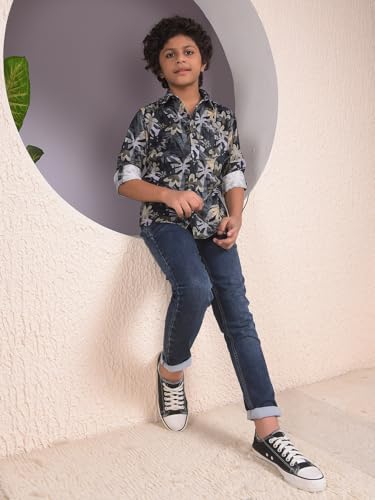 Crimsoune Club Boy's Beige Floral Print 100% Cotton Corduory Shirt (5-6Y)