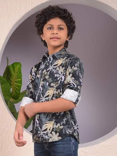 Crimsoune Club Boy's Beige Floral Print 100% Cotton Corduory Shirt (5-6Y)