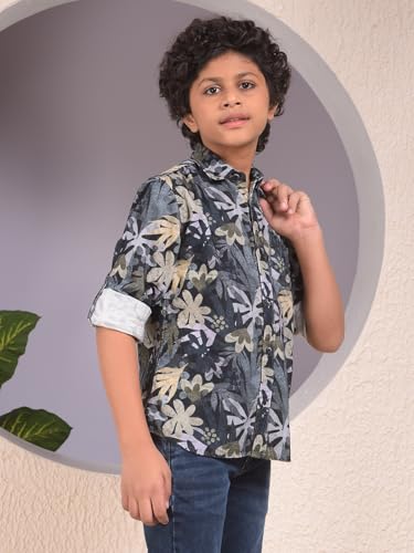 Crimsoune Club Boy's Beige Floral Print 100% Cotton Corduory Shirt (5-6Y)