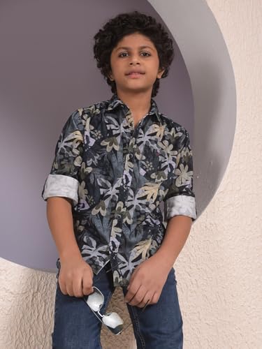 Crimsoune Club Boy's Beige Floral Print 100% Cotton Corduory Shirt (5-6Y)