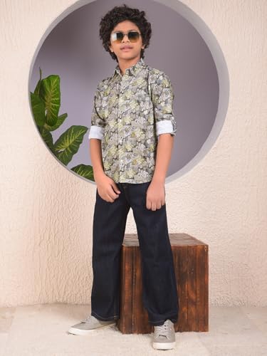 Crimsoune Club Boy's Green Floral Print 100% Cotton Corduory Shirt (11-12Y)
