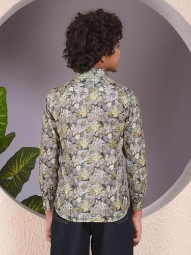 Crimsoune Club Boy's Green Floral Print 100% Cotton Corduory Shirt (11-12Y)