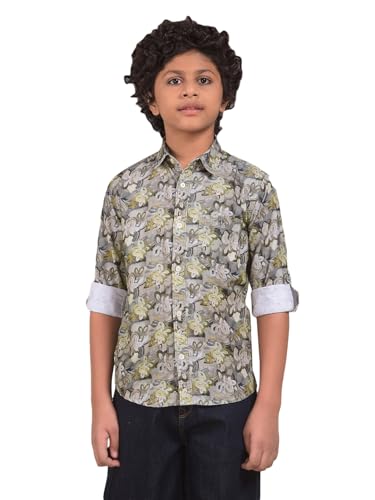 Crimsoune Club Boy's Green Floral Print 100% Cotton Corduory Shirt (11-12Y)