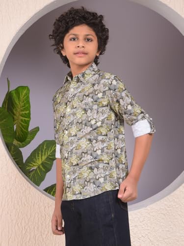 Crimsoune Club Boy's Green Floral Print 100% Cotton Corduory Shirt (11-12Y)