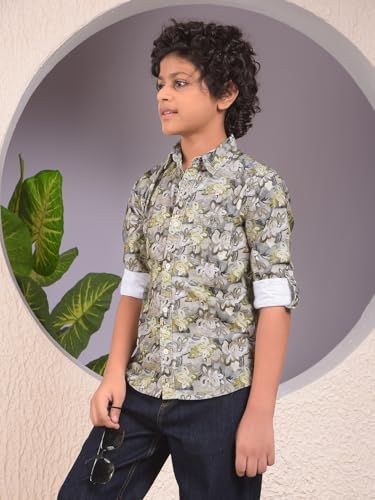 Crimsoune Club Boy's Green Floral Print 100% Cotton Corduory Shirt (11-12Y)