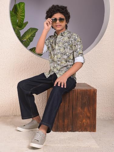 Crimsoune Club Boy's Green Floral Print 100% Cotton Corduory Shirt (11-12Y)