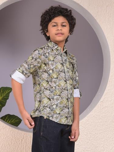 Crimsoune Club Boy's Green Floral Print 100% Cotton Corduory Shirt (11-12Y)