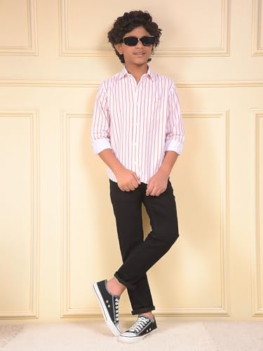 Crimsoune Club Boy's Orange Vertical Stripes 100% Cotton Corduory Shirt (7-8Y)