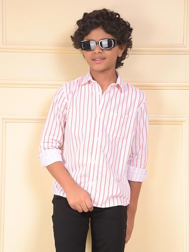 Crimsoune Club Boy's Orange Vertical Stripes 100% Cotton Corduory Shirt (7-8Y)
