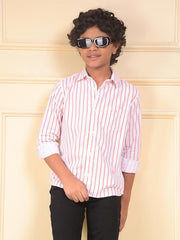 Crimsoune Club Boy's Orange Vertical Stripes 100% Cotton Corduory Shirt (7-8Y)