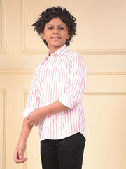 Crimsoune Club Boy's Orange Vertical Stripes 100% Cotton Corduory Shirt (7-8Y)