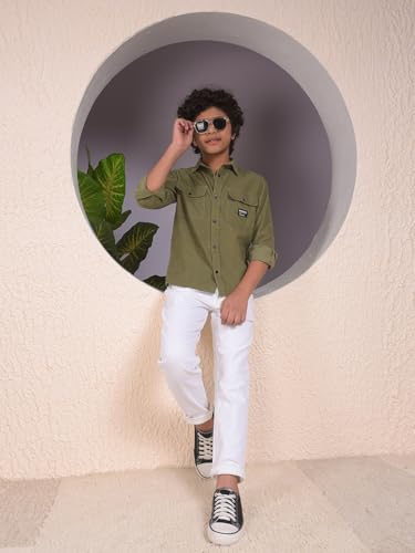 Crimsoune Club Boy's Green 100% Cotton Corduory Shirt (15-16Y)