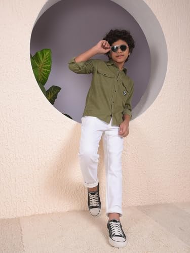 Crimsoune Club Boy's Green 100% Cotton Corduory Shirt (15-16Y)