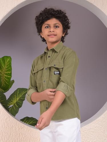 Crimsoune Club Boy's Green 100% Cotton Corduory Shirt (15-16Y)