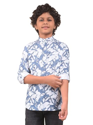 Crimsoune Club Boy's Blue Floral Print Linen Kurta (11-12Y)