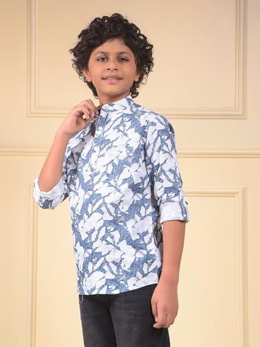 Crimsoune Club Boy's Blue Floral Print Linen Kurta (11-12Y)