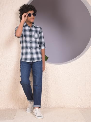 Crimsoune Club Boy's Green Checked 100% Cotton Shirt (7-8Y)