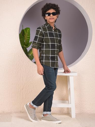 Crimsoune Club Boy's Green Checked 100% Cotton Shirt (13-14Y)