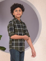 Crimsoune Club Boy's Green Checked 100% Cotton Shirt (13-14Y)