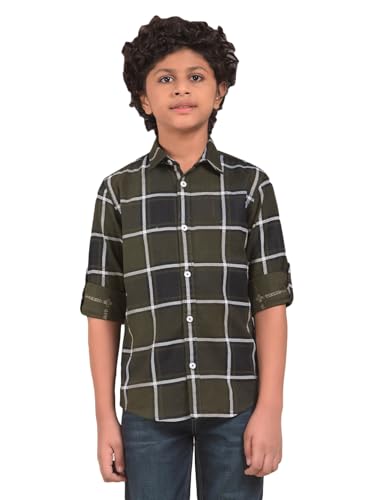 Crimsoune Club Boy's Green Checked 100% Cotton Shirt (13-14Y)