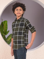Crimsoune Club Boy's Green Checked 100% Cotton Shirt (13-14Y)