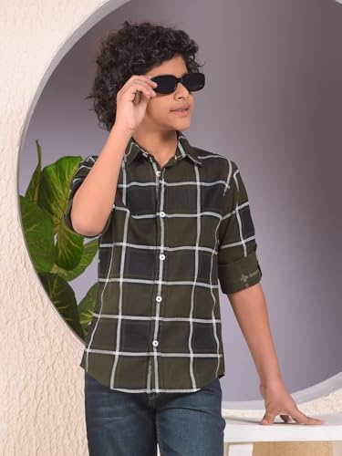 Crimsoune Club Boy's Green Checked 100% Cotton Shirt (13-14Y)