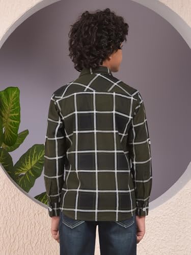 Crimsoune Club Boy's Green Checked 100% Cotton Shirt (13-14Y)